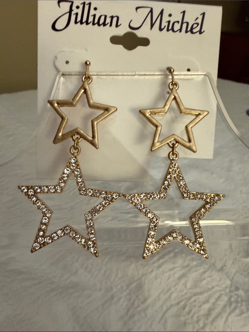 NWT Jillian Michel Double Gold Star Drop Earrings with Rhinestones
